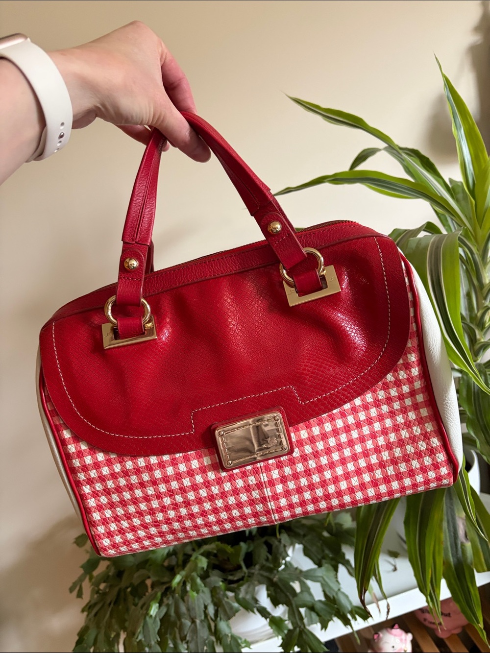 Jorge Bischoff Red Women's Satchel with Checked Fabric Accent and Gold Hardware